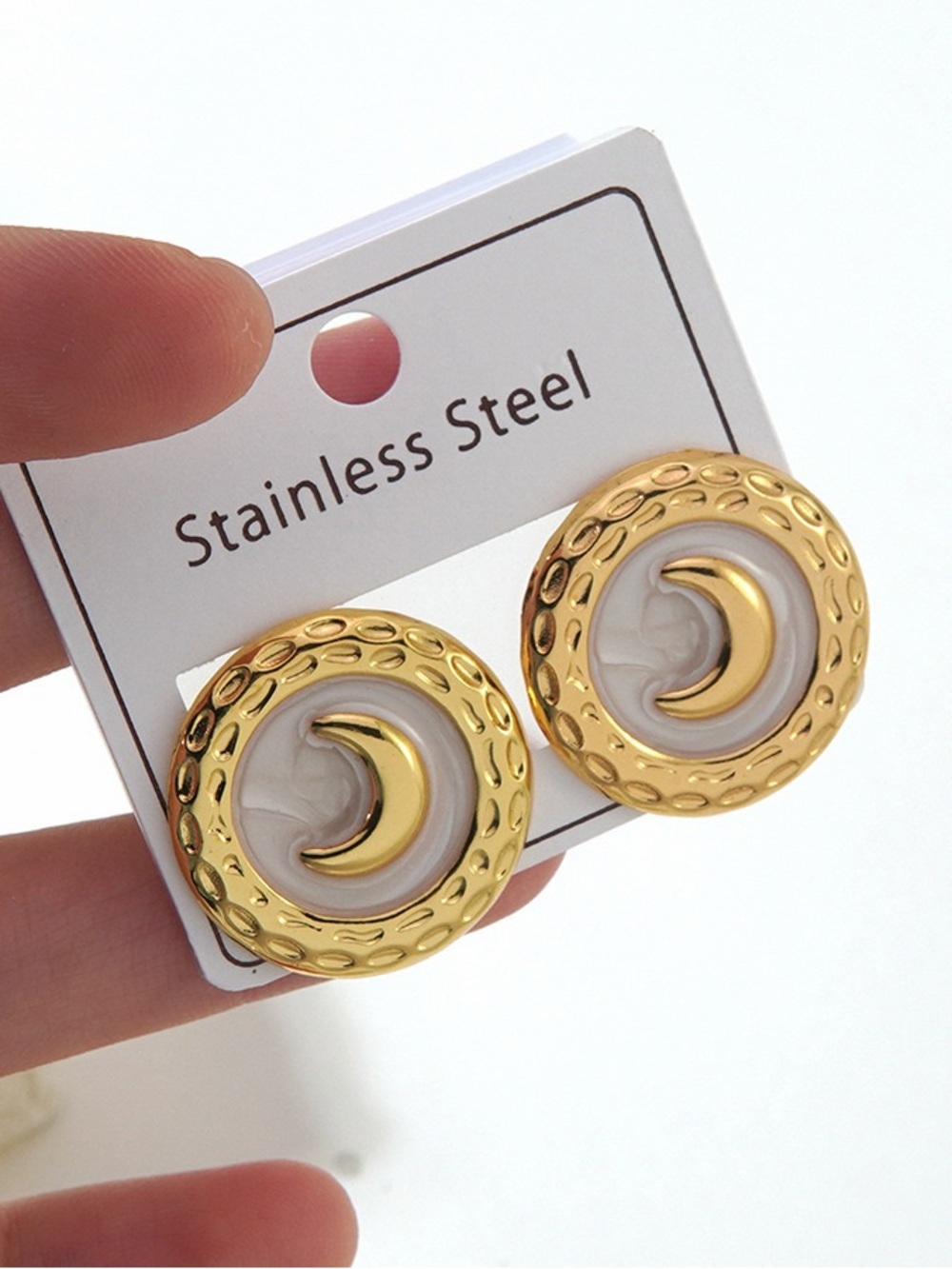 Gold and White Crescent Moon Stainless Steel Stud Earrings